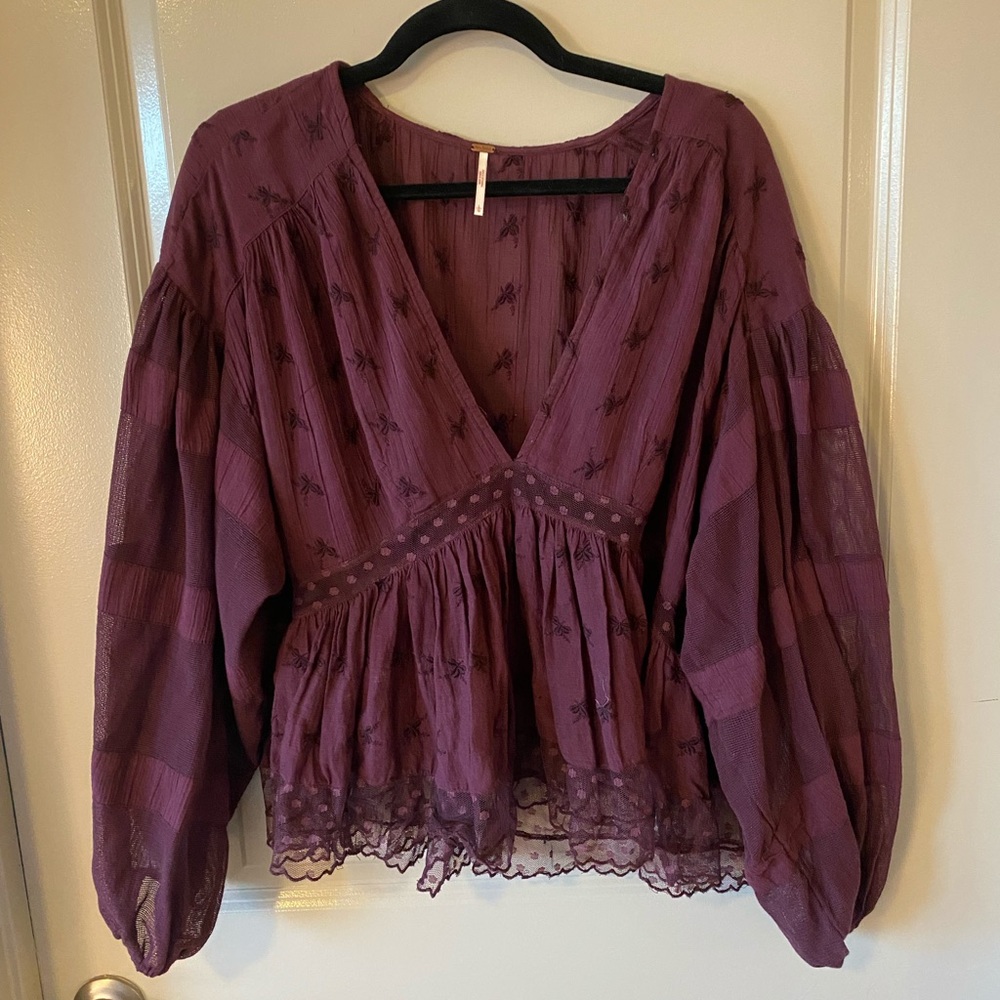 FREE PEOPLE L plum shirt with see through insert and gorgeous detail